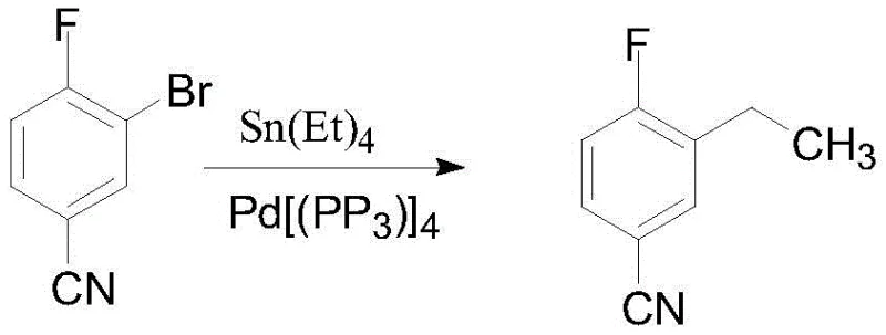 Prior art reaction scheme utilizing toxic tetraethyltin and palladium catalyst for ethylation