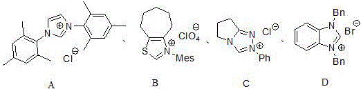Structural variants of N-heterocyclic carbene catalysts showing optimized A-type catalyst with trimethylphenyl groups for highest yield