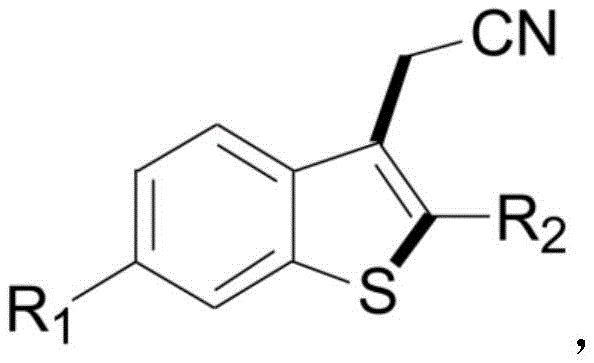 General chemical structure of 3-ethylcyanobenzothiophene compounds with variable R1 and R2 substituents