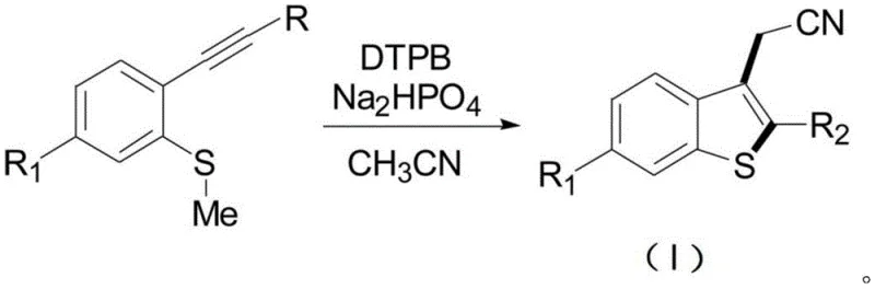General reaction scheme showing DTPB initiated cyclization of 2-ethynyl anisole sulfide to 3-ethylcyanobenzothiophene