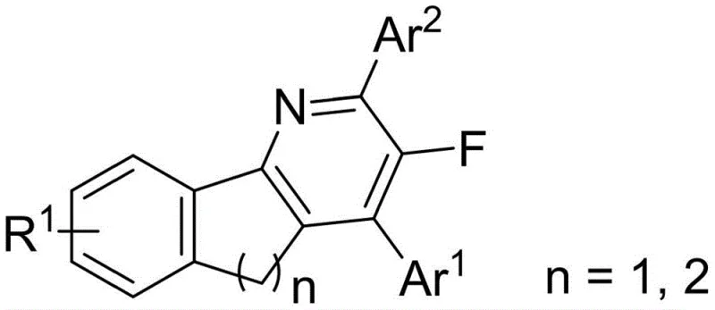General structural formula of the novel 3-fluoro-5H-indeno[1,2-b]pyridine compounds showing variable substituents R1, Ar1, and Ar2