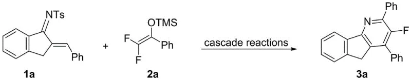 Reaction scheme showing the cascade synthesis of compound 3a from aza-diene 1a and difluoroenol silyl ether 2a using TfOH