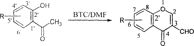 Reaction scheme showing the conversion of o-hydroxyacetophenone derivatives to 3-formyl chromones using BTC and DMF