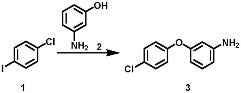 Step 1 Ullmann coupling reaction converting p-chloroiodobenzene and m-hydroxyaniline to 3-(4-chlorophenoxy)aniline
