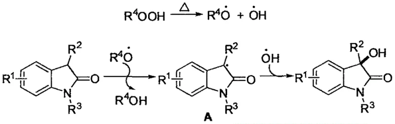 Proposed radical reaction mechanism for the hydroxylation of oxindoles using tert-butyl peroxide