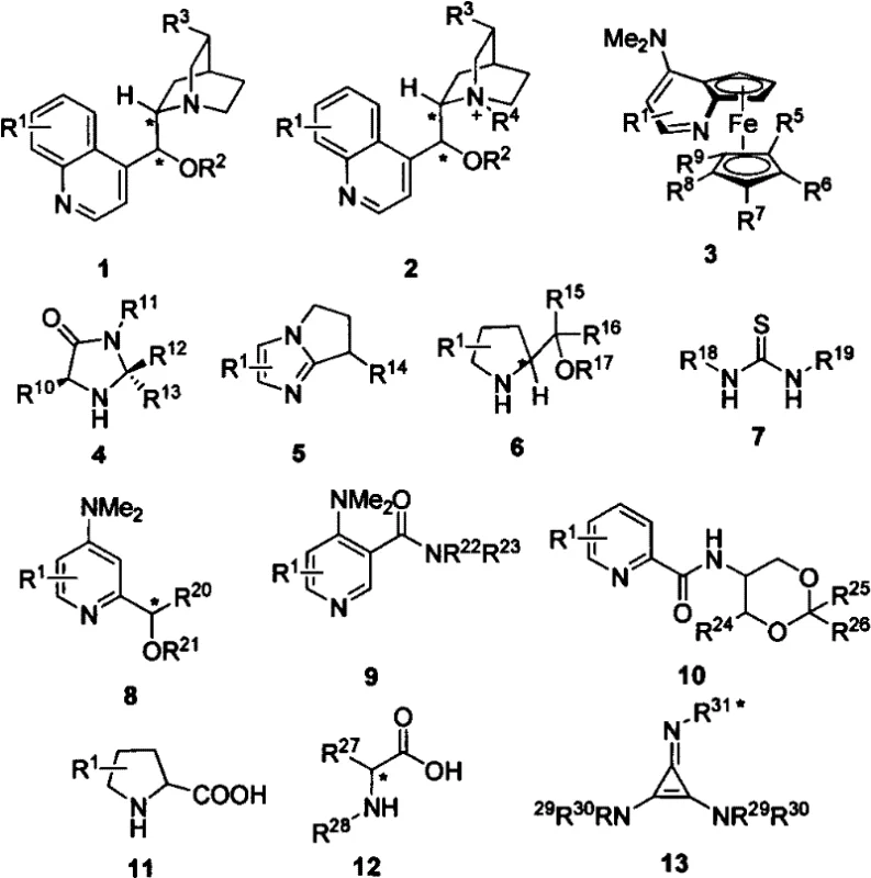 Structures of various chiral and achiral base catalysts used in the synthesis