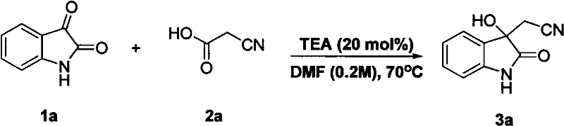Specific example of isatin reacting with cyanoacetic acid using TEA catalyst to yield 3-cyanomethyl-3-hydroxyoxindole
