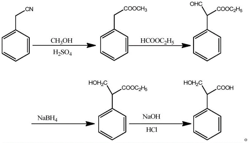 Conventional synthetic route via ethyl formate condensation showing low yield