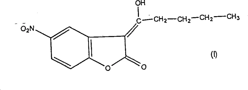 Chemical structure of 3-(1-hydroxy-pentylidene)-5-nitro-3H-benzofuran-2-one (Formula I)