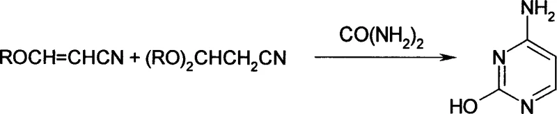 Prior art reaction schemes showing cytosine synthesis from alkoxyacrylonitrile and dialkoxypropionitrile mixtures