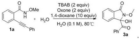Reaction scheme showing conversion of N-methoxy-2-phenylethynylbenzamide to 3-benzoyl-3-hydroxy-2-methoxyisoindolone using TBAB, Oxone, water at 80°C