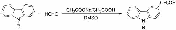 Reaction equation showing N-alkylcarbazole reacting with formaldehyde to form 3-hydroxymethyl-9-substituted carbazole