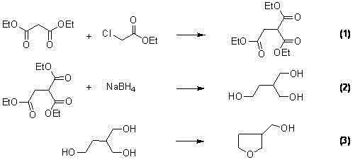 Conventional synthesis route using diethyl malonate showing low yield and hazardous reagents
