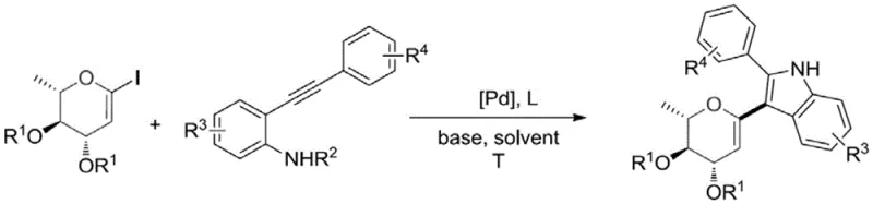 General reaction scheme showing Pd-catalyzed coupling of 1-iodorhamnosene and o-alkynylaniline