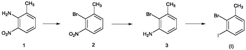 Reaction scheme showing the three-step synthesis of 3-iodo-2-bromotoluene from 2-amino-3-nitrotoluene via bromination, hydrogenation, and iodination