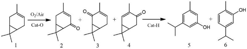 Reaction scheme showing the two-step conversion of 3-carene to carenone ketones and subsequently to 3-isopropyl-5-cresol and carvacrol