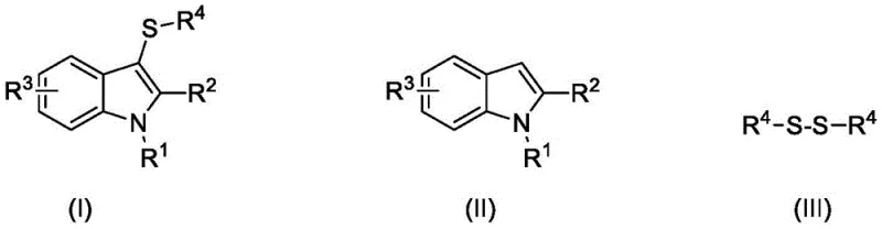 General reaction scheme showing indole and disulfide coupling to form 3-mercaptoindole derivatives