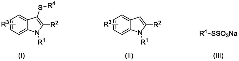 General reaction scheme for catalytic oxidation synthesis of 3-mercaptoindole compounds using indole and thiosulfate
