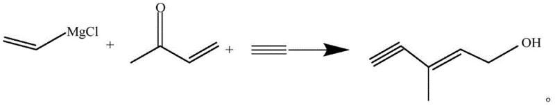 Reaction scheme showing the synthesis of 3-methyl-2-pentene-4-alkyne-1-alcohol via vinylmagnesium chloride and acetylene