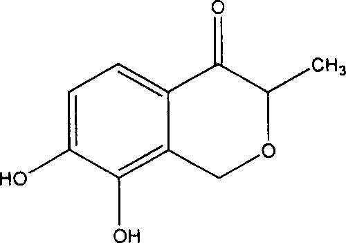 Chemical structure of 3-methyl-7,8-dihydroxyisochromanone-4 showing the isochromanone core with hydroxyl groups at positions 7 and 8
