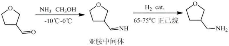 Reaction scheme showing the reductive amination of 3-formaldehyde tetrahydrofuran to 3-methylamine tetrahydrofuran via an imine intermediate