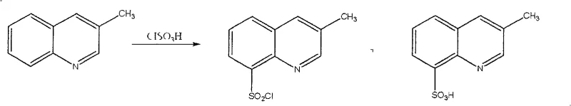 Reaction scheme showing the chlorosulfonation of 3-methylquinoline with chlorosulfonic acid and auxiliaries