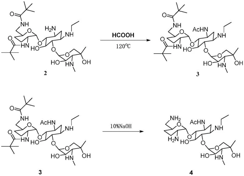 Reaction scheme detailing the formic acid mediated acylation and subsequent base hydrolysis to yield 3-N-acetyl etimicin