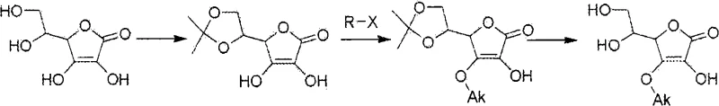 Reaction scheme showing the conversion of 5,6-O-isopropylidene ascorbic acid to 3-O-alkyl derivatives via polyiodide resin catalysis