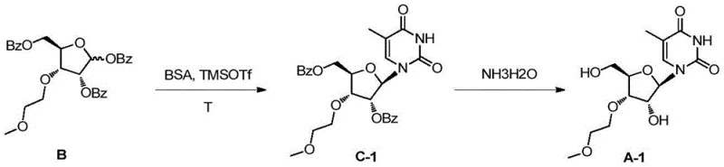 Coupling reaction of intermediate B with thymine to form 3'-O-methoxyethyl-5-methyluridine (A-1)