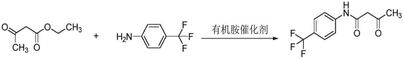 Reaction scheme showing the amidation of ethyl acetoacetate with p-trifluoromethylaniline catalyzed by an organic base to form 3-oxo-N-(4-trifluoromethylphenyl)butanamide