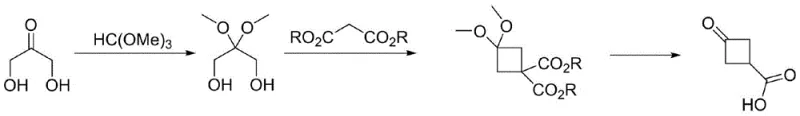 Overall synthetic route for 3-oxocyclobutanecarboxylic acid showing protection, cyclization, and hydrolysis steps