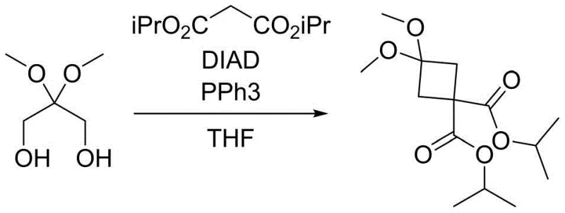 Mitsunobu cyclization step forming the cyclobutane ring using diisopropyl malonate