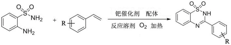 General reaction scheme showing Pd-catalyzed synthesis of 3-phenyl-1,2,4-benzothiadiazine from styrene and 2-aminobenzenesulfonamide