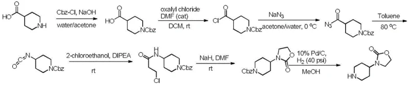 Prior art synthesis route 4 involving explosive sodium azide and risky NaH conditions