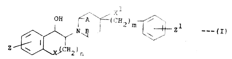 General Formula I of 3-piperidino-1-chroman alcohol derivatives showing variable substituents Z, Z1, X, and stereochemistry