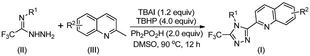 Chemical reaction scheme showing TBAI/TBHP catalyzed conversion of trifluoroethylimine hydrazide and 2-methylquinoline to 3-quinolyl-5-trifluoromethyl triazole compound