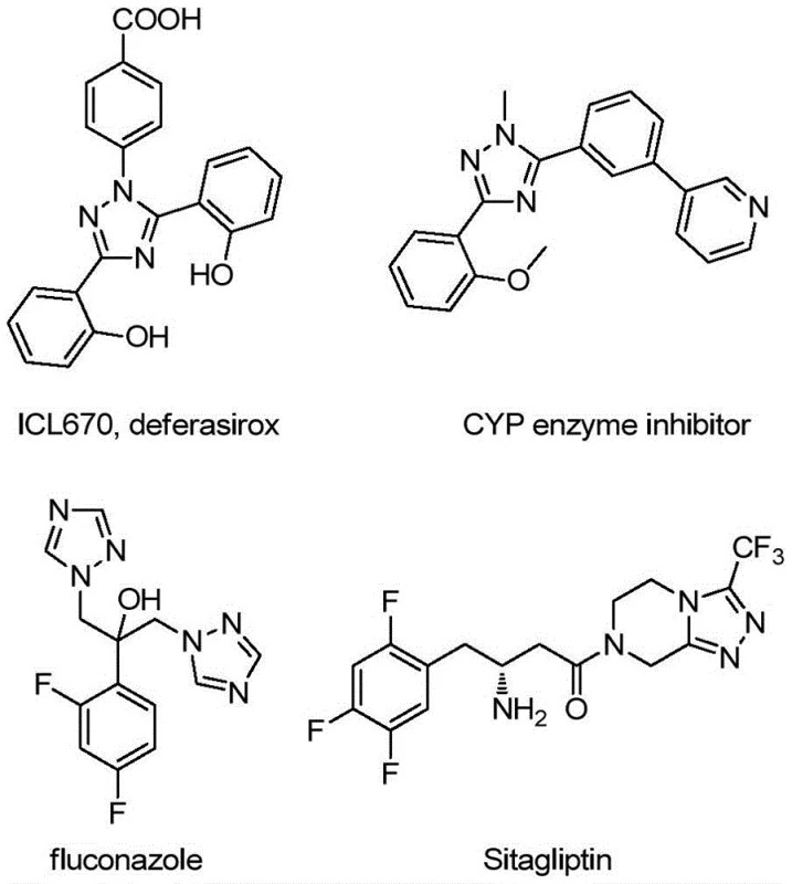 Examples of bioactive molecules containing triazole or related heterocyclic scaffolds such as Deferasirox and Sitagliptin