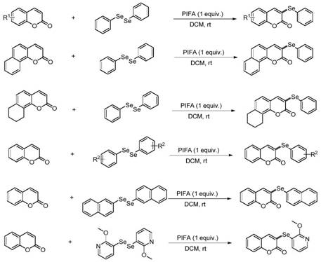 General reaction scheme showing coumarin and diselenide reacting with PIFA in DCM