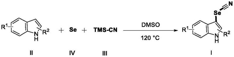 General reaction scheme for catalyst-free synthesis of 3-selenocyanoindoles using elemental selenium and TMS-CN