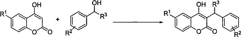 General reaction scheme for iodine-catalyzed synthesis of 3-substituted 4-hydroxycoumarin derivatives from 4-hydroxycoumarin and benzyl alcohols