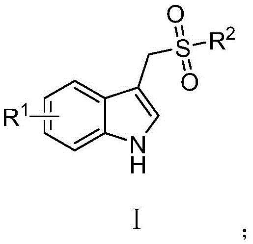General structure of 3-sulfone methyl-1H-indole compounds showing variable R1 and R2 substituents