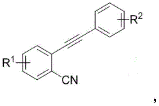 Structure of o-aralkynyl benzonitrile starting material with variable substituents R1 and R2