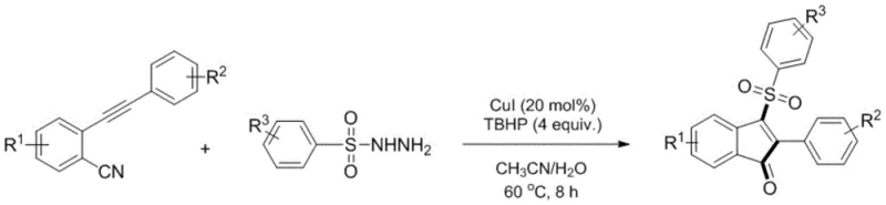 Overall reaction scheme showing the conversion of o-aralkynyl benzonitrile and aryl sulfonyl hydrazide to 3-sulfonylated indanone