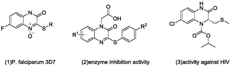Chemical structures of quinoxalinone derivatives showing biological activities against P. falciparum, enzymes, and HIV