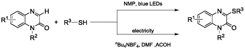 Prior art reaction schemes showing photocatalytic and electrocatalytic methods using thiols