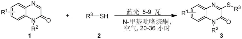 General reaction scheme for the synthesis of 3-thioether quinoxalinone compounds using blue light photocatalysis