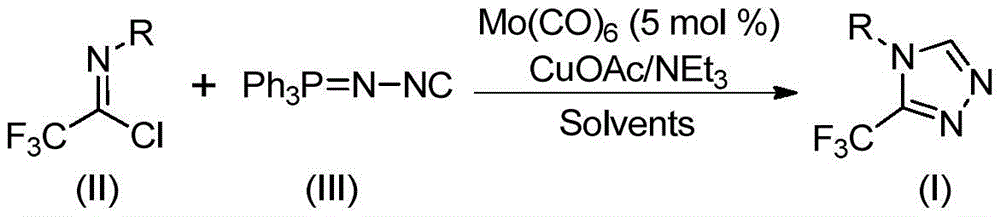 Reaction scheme showing molybdenum-copper catalyzed synthesis of 3-trifluoromethyl triazoles from imidoyl chloride and functionalized isonitrile