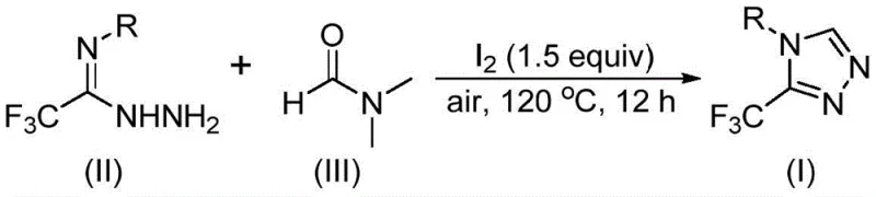 General reaction scheme showing trifluoroethyliminohydrazide reacting with DMF and Iodine to form 3-trifluoromethyl-1,2,4-triazole