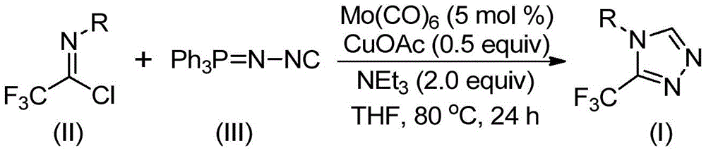 Chemical reaction scheme showing molybdenum-copper catalyzed synthesis of 3-trifluoromethyl triazoles from trifluoroethyl imidoyl chloride and functionalized isonitrile