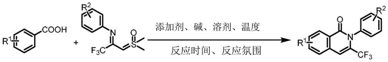 General reaction scheme showing Ru-catalyzed synthesis of 3-trifluoromethyl isoquinolinone from benzoic acid and sulfur ylide